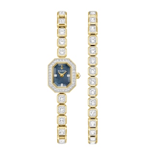Ladies' Bulova Crystal Gold-Tone Stainless Steel Watch Set with Black Mother-of-Pearl Dial (Model: 98X143)