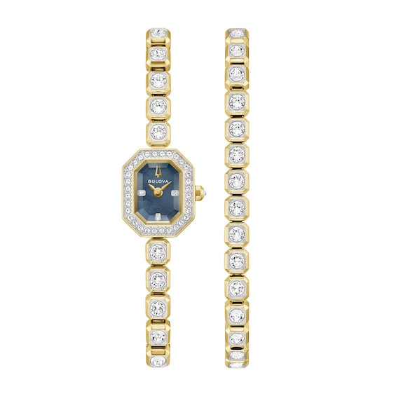 Ladies' Bulova Crystal Gold-Tone Stainless Steel Watch Set with Black Mother-of-Pearl Dial (Model: 98X143)