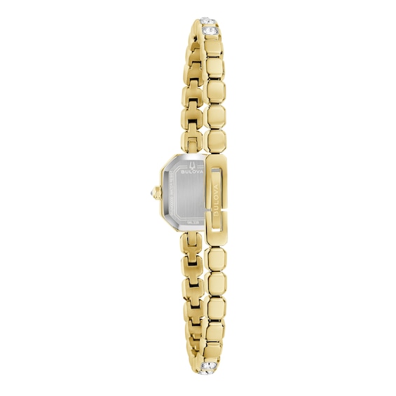 Ladies' Bulova Crystal Gold-Tone Stainless Steel Watch Set with Black Mother-of-Pearl Dial (Model: 98X143)