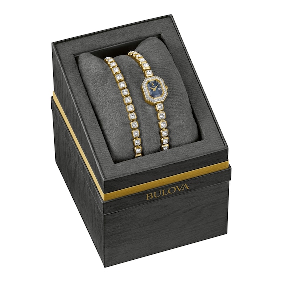 Ladies' Bulova Crystal Gold-Tone Stainless Steel Watch Set with Black Mother-of-Pearl Dial (Model: 98X143)