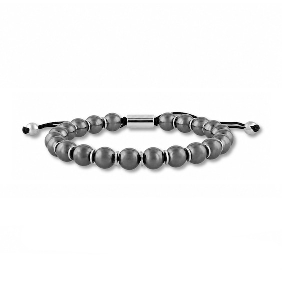 Black Hematite Bead Bolo Bracelet in Stainless Steel - 10.5"