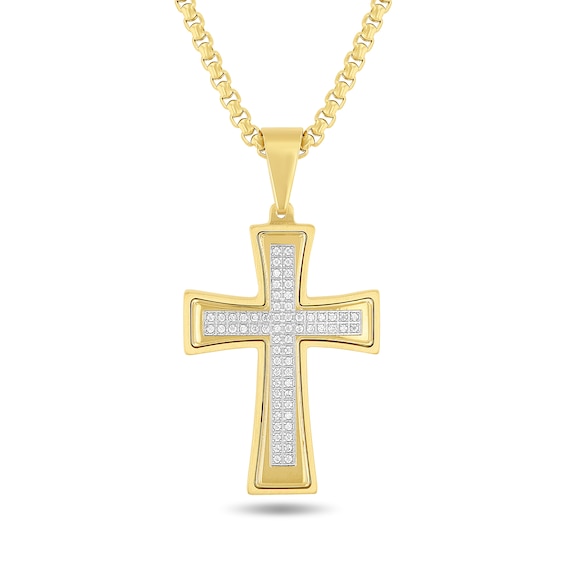 1/2 CT. T.w. Diamond Flared Cross Necklace in Yellow Ion-Plated Stainless Steel - 24"