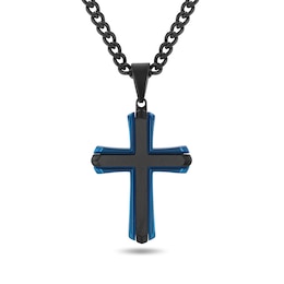 Two-Tone Cross Necklace in Black and Blue Ion-Plated Stainless Steel - 24"