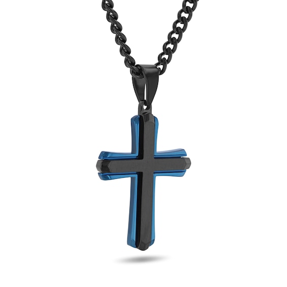 Two-Tone Cross Necklace in Black and Blue Ion-Plated Stainless Steel - 24"