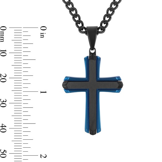 Two-Tone Cross Necklace in Black and Blue Ion-Plated Stainless Steel - 24"