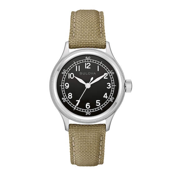 Men's Bulova Military A-11 Automatic Stainless Steel Watch with Black Dial and Khaki Nylon Strap (Model: 96A354)