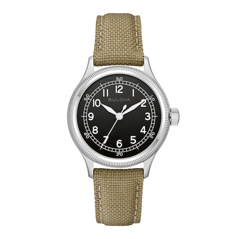 Main Image 1 of Men's Bulova Military A-11 Automatic Stainless Steel Watch with Black Dial and Khaki Nylon Strap (Model: 96A354)