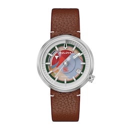 Men's Bulova Frank Lloyd Wright Stainless Steel Automatic Watch with Multi-Color Dial and Brown Leather Strap (Model: 96B486)