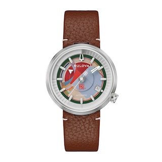 Men's Bulova Frank Lloyd Wright Stainless Steel Automatic Watch with Multi-Color Dial and Brown Leather Strap (Model: 96B486)