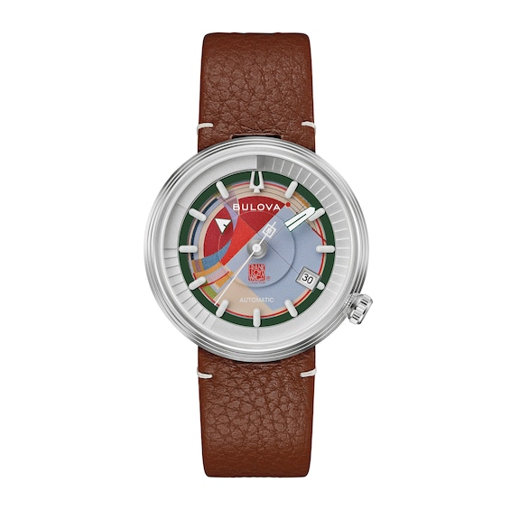Men's Bulova Frank Lloyd Wright Stainless Steel Automatic Watch with Multi-Color Dial and Brown Leather Strap (Model: 96B486)