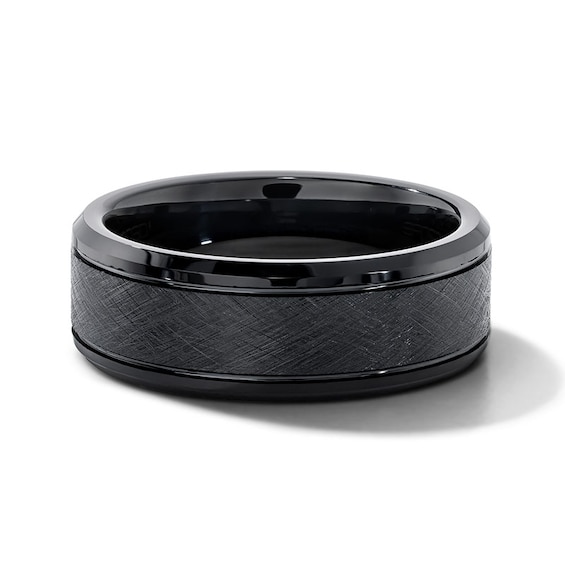8.0mm Engravable Textured Center Wedding Band in Tungsten with Black Ion Plate