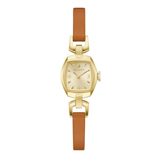 Ladies' Bulova Goddess Of Time Jackie Gold-Tone Stainless Steel Watch with Champagne Dial and Brown Leather Strap (97L202)