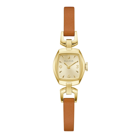 Ladies' Bulova Goddess Of Time Jackie Gold-Tone Stainless Steel Watch with Champagne Dial and Brown Leather Strap (97L202)