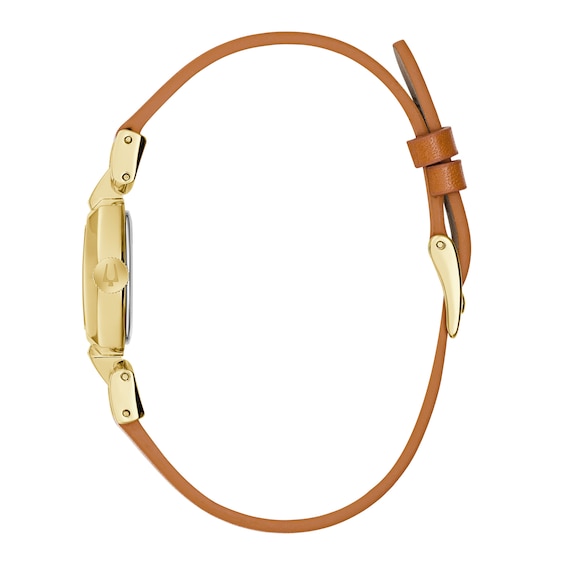 Ladies' Bulova Goddess Of Time Jackie Gold-Tone Stainless Steel Watch with Champagne Dial and Brown Leather Strap (97L202)