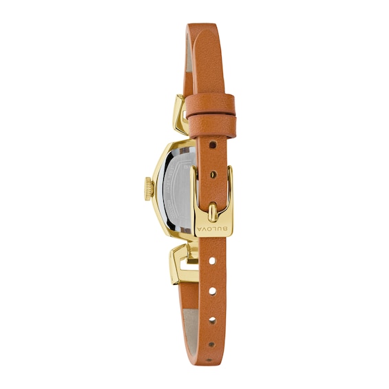 Ladies' Bulova Goddess Of Time Jackie Gold-Tone Stainless Steel Watch with Champagne Dial and Brown Leather Strap (97L202)