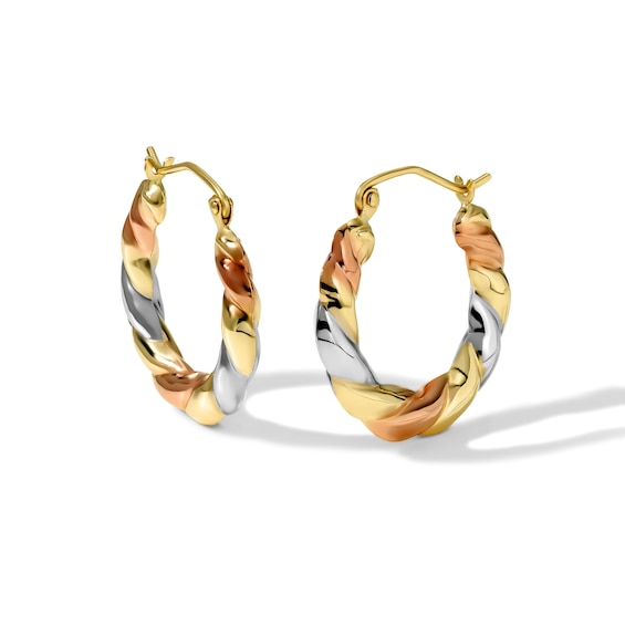 21mm Twist Hoops in Hollow 10K Tri-Tone Gold