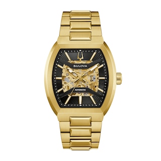 Men's Bulova Maquina Automatic Gold-Tone Stainless Steel Watch with Black Dial (97A207)