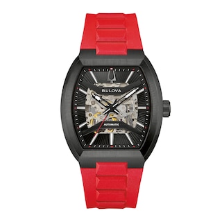 Men's Bulova Maquina Automatic Stainless Steel Watch with Black Dial and Red HNBR Rubber Strap (98A341)