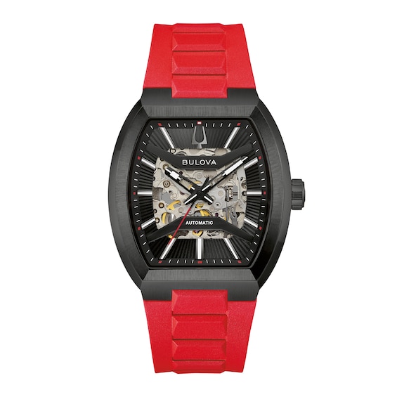 Men's Bulova Maquina Automatic Stainless Steel Watch with Black Dial and Red Hnbr Rubber Strap (98A341)