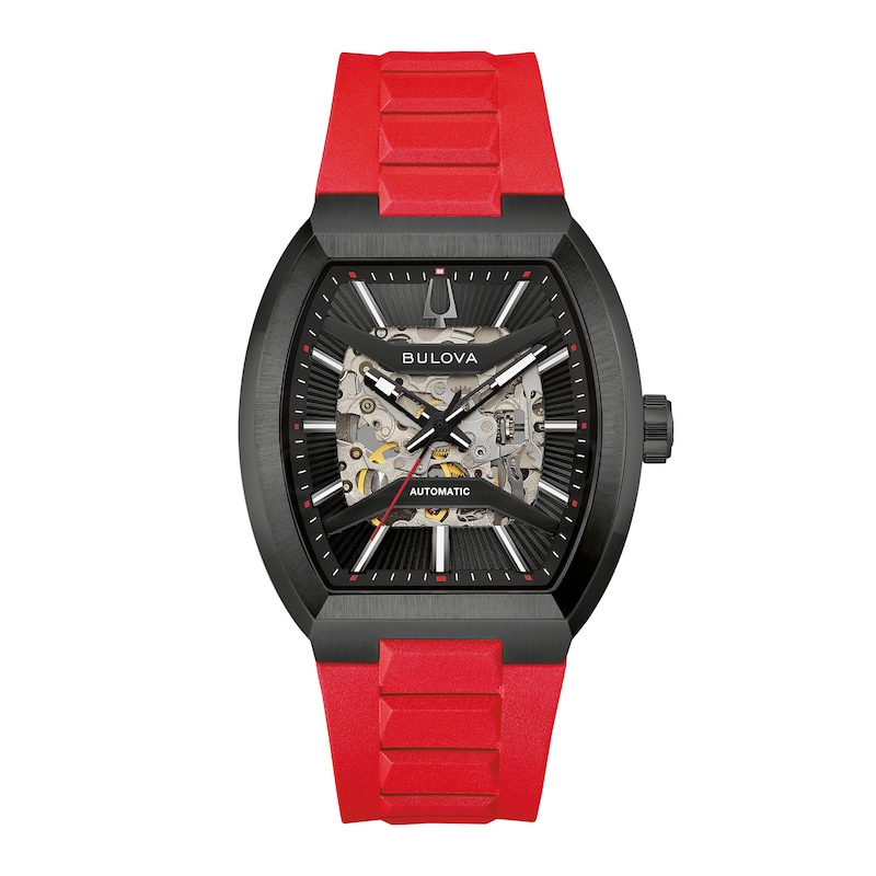 Main Image 1 of Men's Bulova Maquina Automatic Stainless Steel Watch with Black Dial and Red HNBR Rubber Strap (98A341)