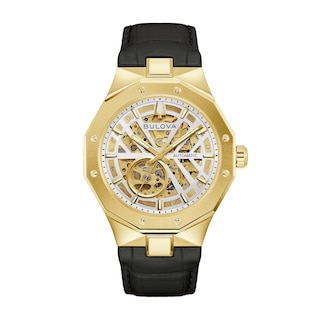 Men's Bulova Prestige Automatic Gold-Tone Stainless Steel Watch with Open Dial and Black Leather Strap (97A206)