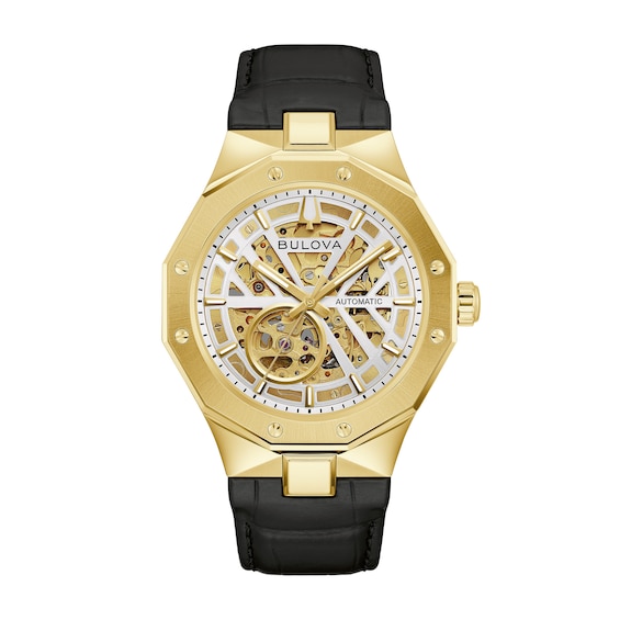 Men's Bulova Prestige Automatic Gold-Tone Stainless Steel Watch with Open Dial and Black Leather Strap (97A206)
