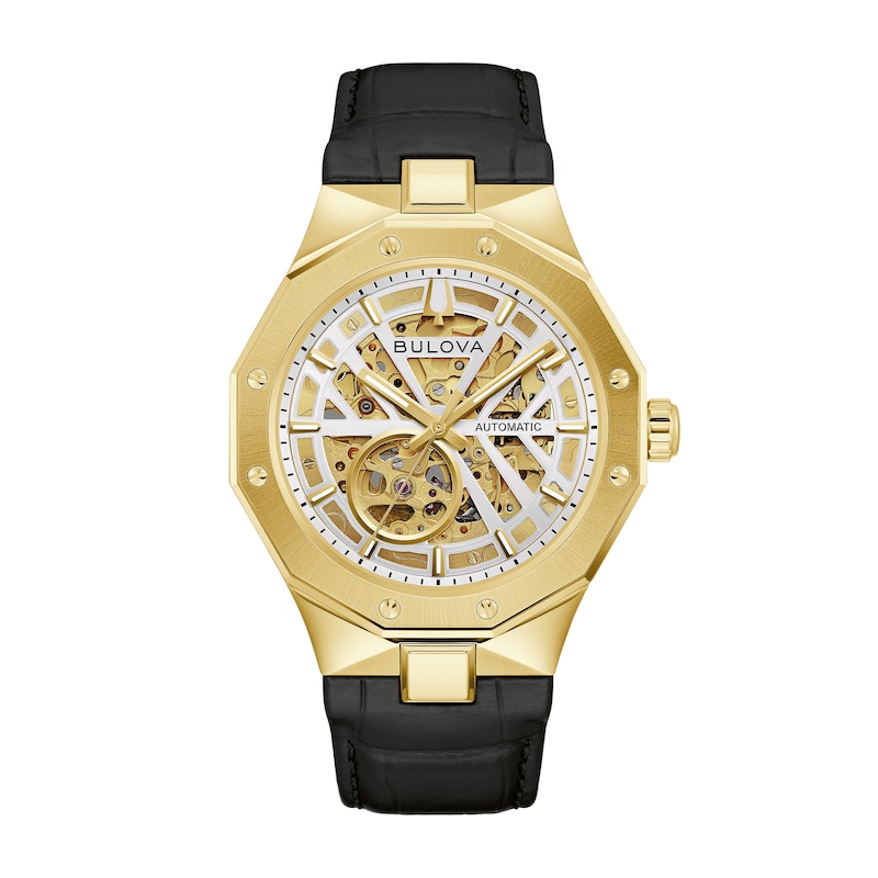 Main Image 1 of Men's Bulova Prestige Automatic Gold-Tone Stainless Steel Watch with Open Dial and Black Leather Strap (97A206)