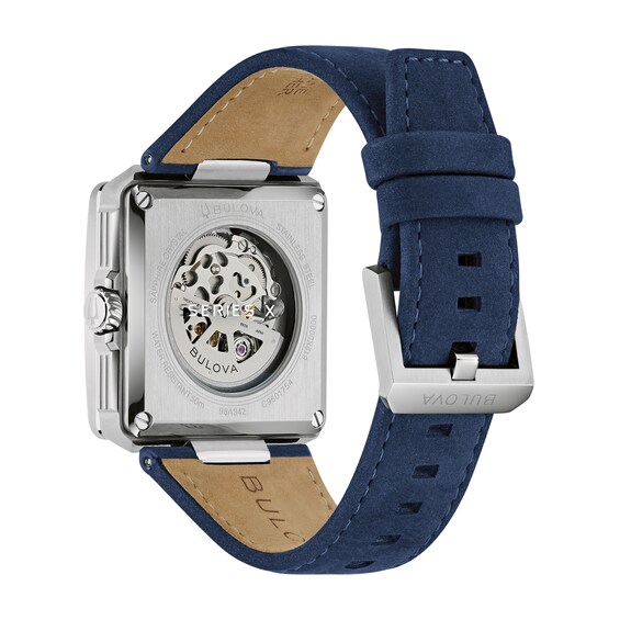 Men's Bulova Series X2 Stainless Steel Automatic Watch with Blue Dial and Blue Leather Strap (Model: 98A342)