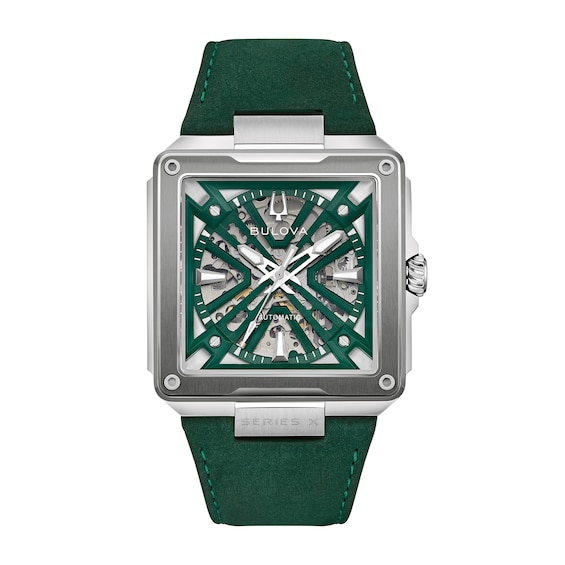 Men's Bulova Series X2 Automatic Stainless Steel Watch with Green Dial and Green Suede Strap (98A343)