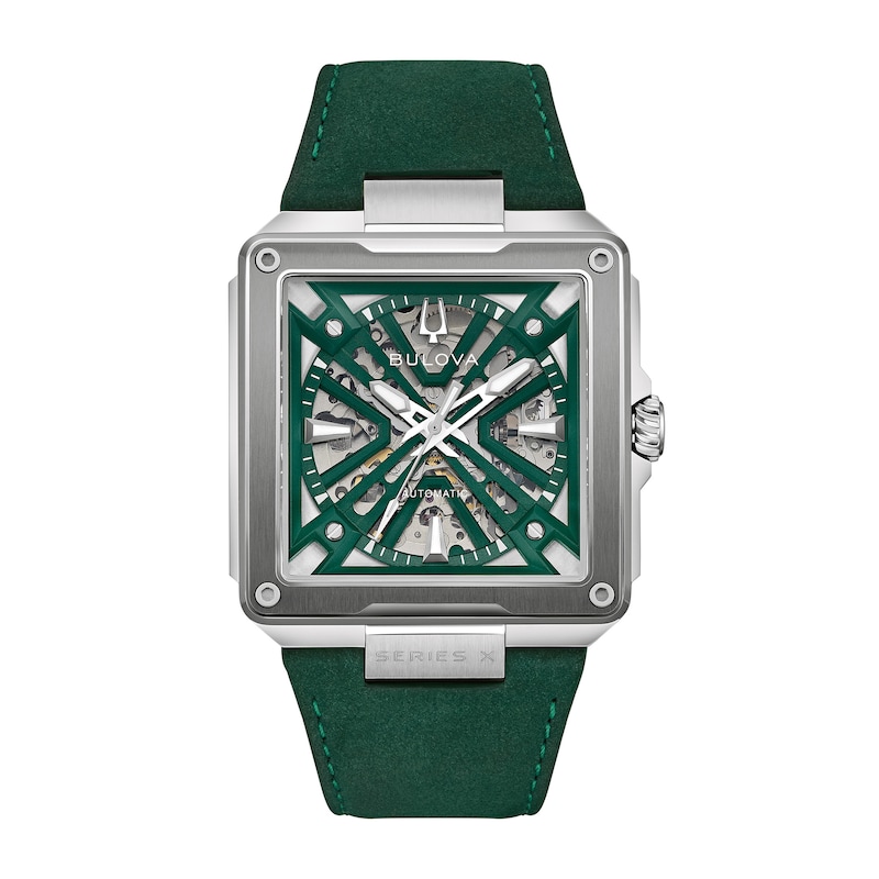 Main Image 1 of Men's Bulova Series X2 Automatic Stainless Steel Watch with Green Dial and Green Suede Strap (98A343)