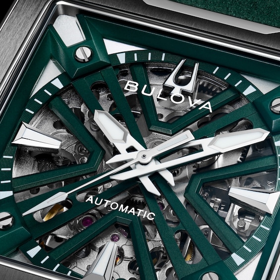 Men's Bulova Series X2 Automatic Stainless Steel Watch with Green Dial and Green Suede Strap (98A343)