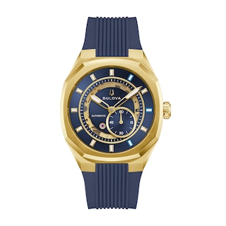 Men's Bulova Surveyor Automatic Gold-Tone Stainless Steel Watch with Blue Dial and Blue HNBR Rubber Strap (97A205)