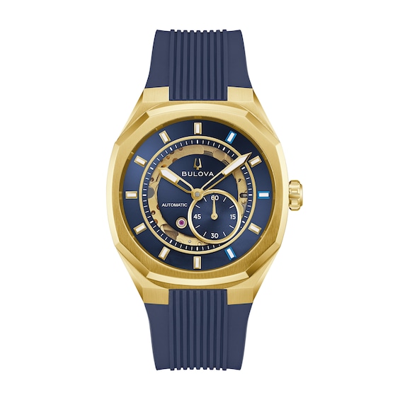 Men's Bulova Surveyor Automatic Gold-Tone Stainless Steel Watch with Blue Dial and Blue HNBR Rubber Strap (97A205)