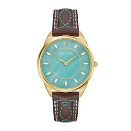 Ladies' Bulova Sutton Western Gold-Tone IP Stainless Steel Watch with Turquoise Mother-of-Pearl Dial and Brown Leather Strap (Model: 97L203)