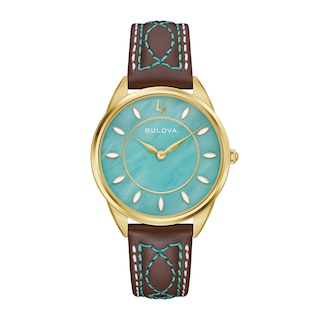 Ladies' Bulova Sutton Western Gold-Tone IP Stainless Steel Watch with Turquoise Mother-of-Pearl Dial and Brown Leather Strap (Model: 97L203)