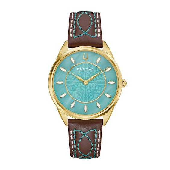 Ladies' Bulova Sutton Western Gold-Tone IP Stainless Steel Watch with Turquoise Mother-of-Pearl Dial and Brown Leather Strap (Model: 97L203)