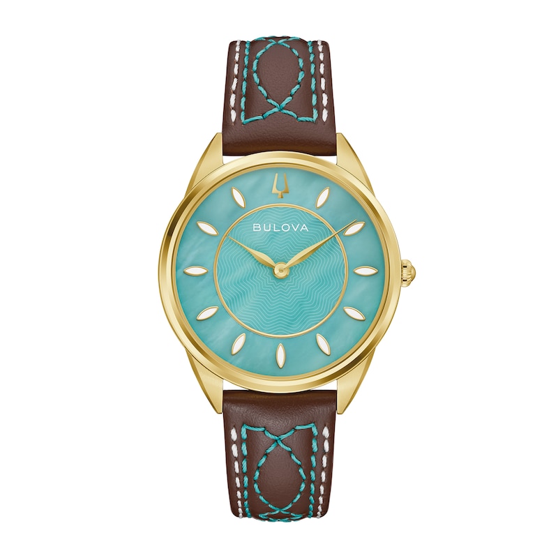 Main Image 1 of Ladies' Bulova Sutton Western Gold-Tone IP Stainless Steel Watch with Turquoise Mother-of-Pearl Dial and Brown Leather Strap (Model: 97L203)