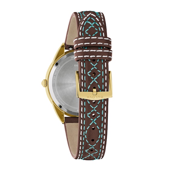 Ladies' Bulova Sutton Western Gold-Tone IP Stainless Steel Watch with Turquoise Mother-of-Pearl Dial and Brown Leather Strap (Model: 97L203)