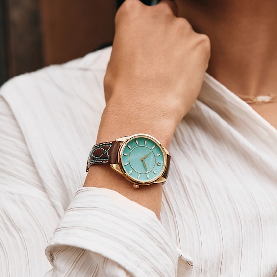 Ladies' Bulova Sutton Western Gold-Tone IP Stainless Steel Watch with Turquoise Mother-of-Pearl Dial and Brown Leather Strap (Model: 97L203)