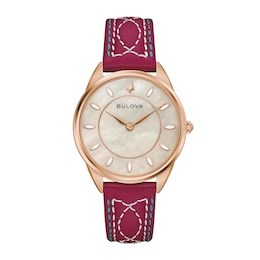 Ladies' Bulova Sutton Western Rose-Tone IP Stainless Steel Watch with Mother-of-Pearl Dial and Red Leather Strap (Model: 97L204)