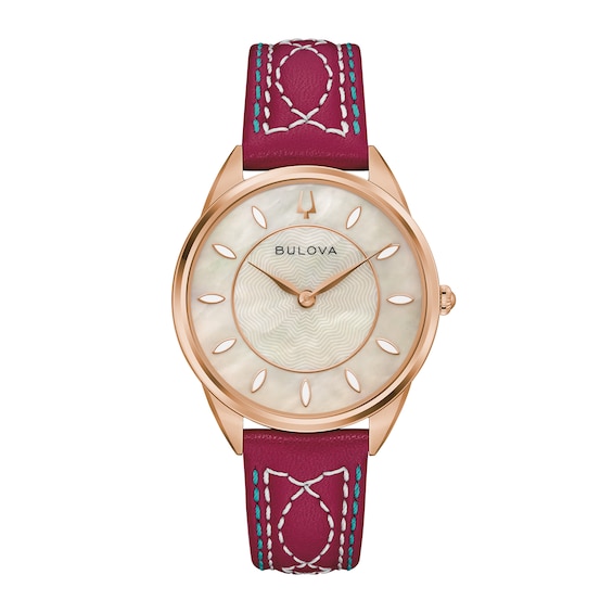 Ladies' Bulova Sutton Western Rose-Tone IP Stainless Steel Watch with Mother-of-Pearl Dial and Red Leather Strap (Model: 97L204)