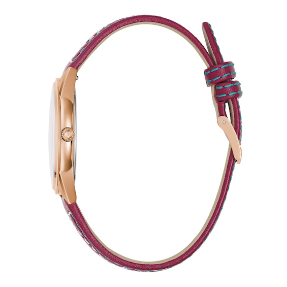 Ladies' Bulova Sutton Western Rose-Tone IP Stainless Steel Watch with Mother-of-Pearl Dial and Red Leather Strap (Model: 97L204)
