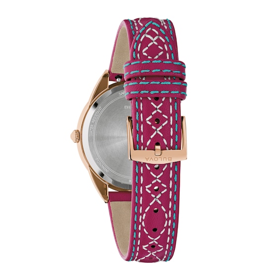 Ladies' Bulova Sutton Western Rose-Tone IP Stainless Steel Watch with Mother-of-Pearl Dial and Red Leather Strap (Model: 97L204)