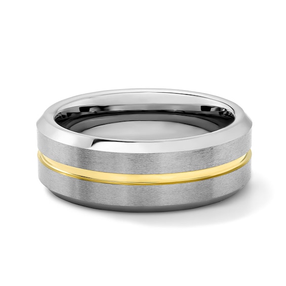 8.0mm Engravable Stripe Wedding Band in Tungsten with Yellow Ion Plate