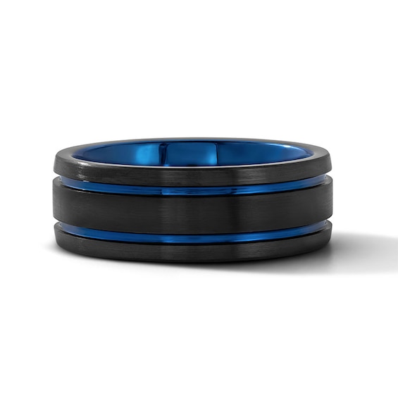 8.0mm Engravable Grooved Wedding Band in Tungsten with Black and Blue Ion Plate