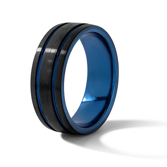8.0mm Engravable Grooved Wedding Band in Tungsten with Black and Blue Ion Plate