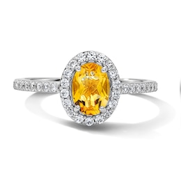 Oval Citrine and White Lab-Created Sapphire Frame Ring in Sterling Silver