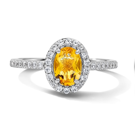 Oval Citrine and White Lab-Created Sapphire Frame Ring in Sterling Silver