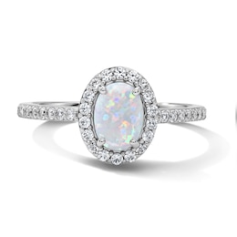 Oval Lab-Created Opal and White Lab-Created Sapphire Frame Ring in Sterling Silver