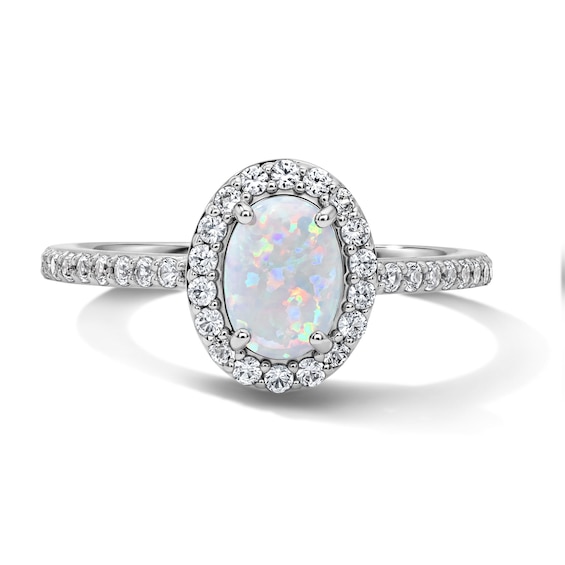 Oval Lab-Created Opal and White Lab-Created Sapphire Frame Ring in Sterling Silver